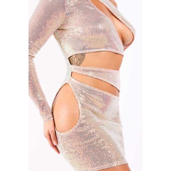 Women's Sexy One Shoulder Sequin Cut Out Bodycon Mini Dress Clubwear Party Night - Picture 2 of 12